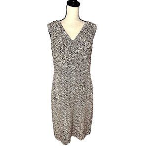 Adrianna Papell Tan Black Print Sleeveless V-Neck Tiered Knee Length Dress Sz 14